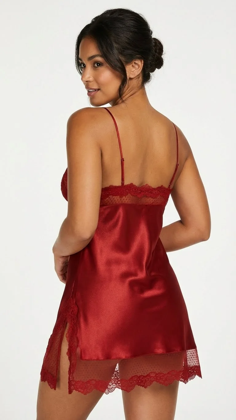 LunaIntim Kırmızı Saten Görünümlü Gecelik Puantiyeli Tül ve Dantel İşlemeli Babydoll - Puantiyeli Tül Detay